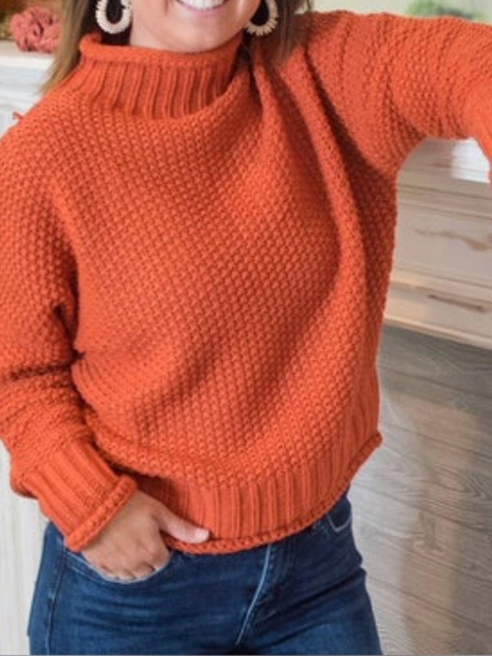 She + Sky Cozy Cowl-Neck Sweater in Rust Orange